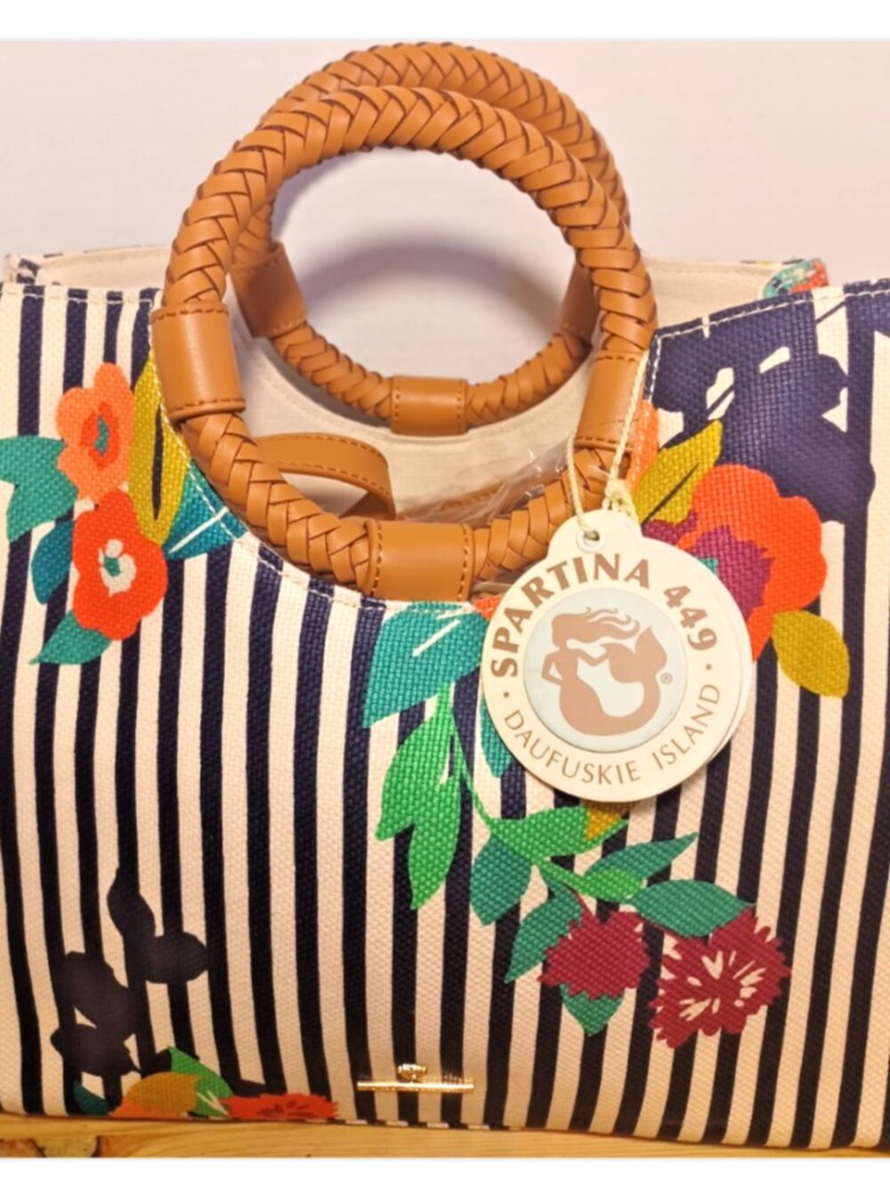 SPARTINA 449 SHELTER COVE ADELINE SHOPPER LINEN & LEATHER BAG